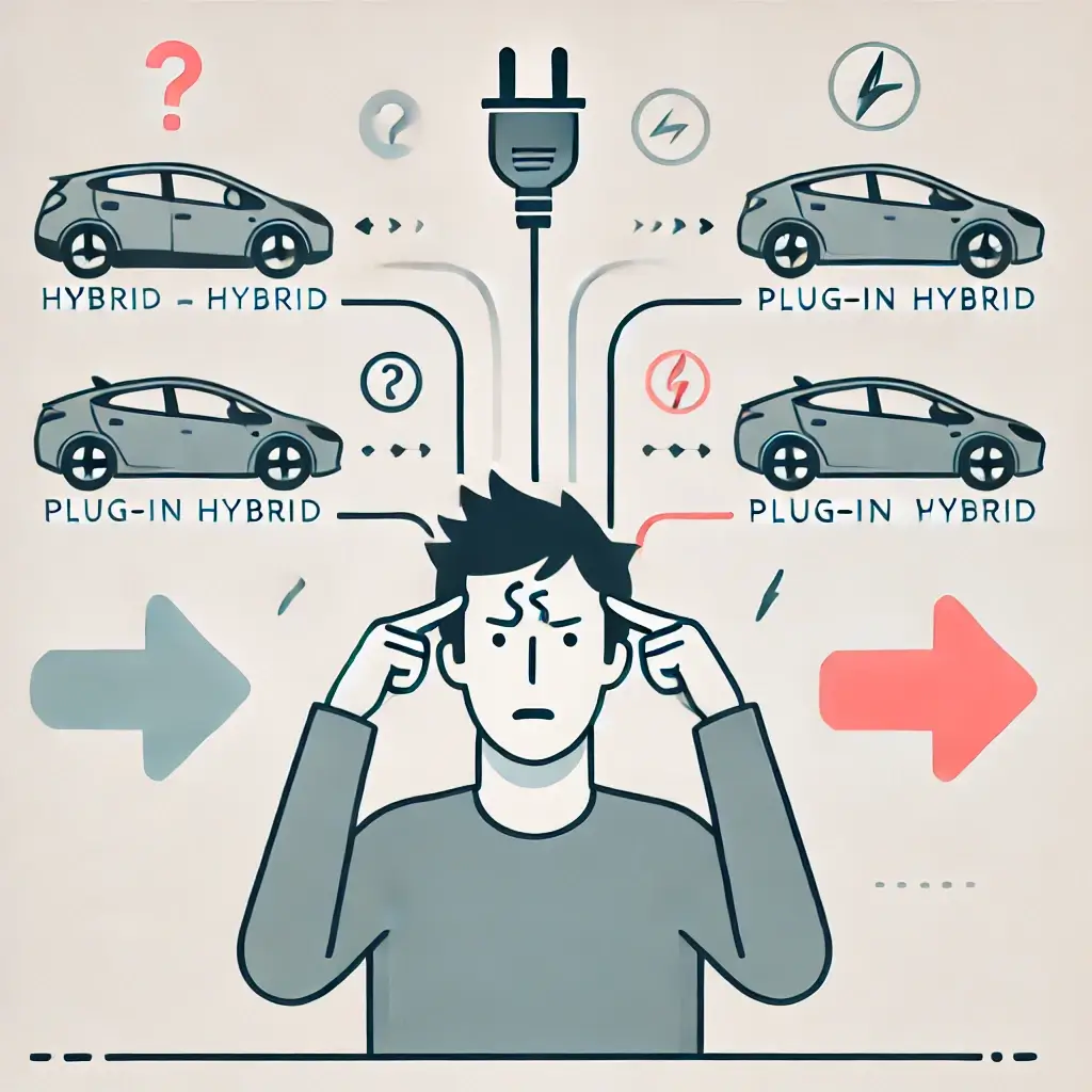 하이브리드와 플러그인 하이브리드 차이를 비교하는 사람의 그림.