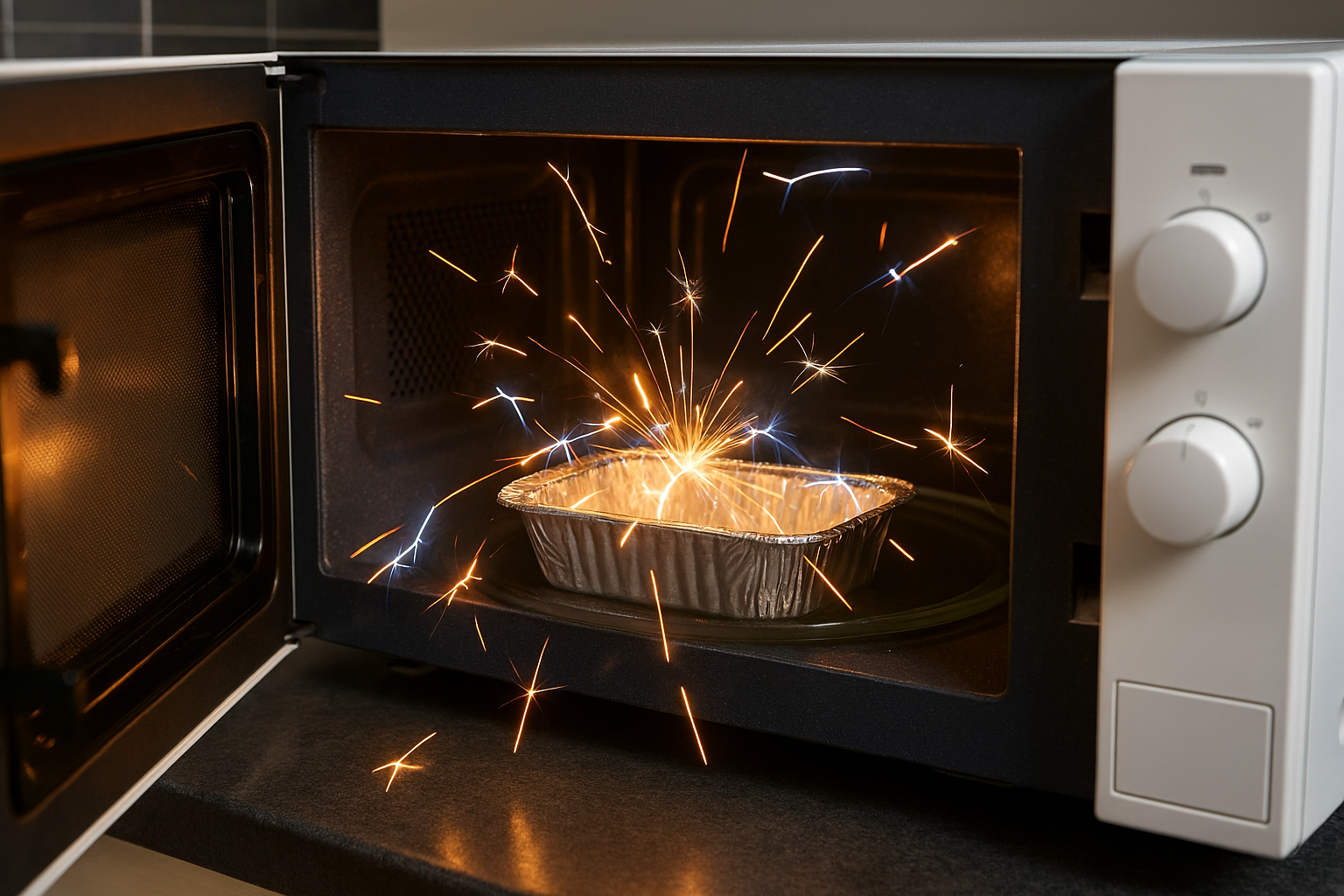 금속 용기를 전자레인지에 넣은 위험 상황 이미지