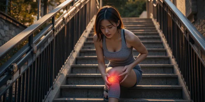 계단을 내려가다 무릎 안쪽 통증을 느끼는 일상 장면