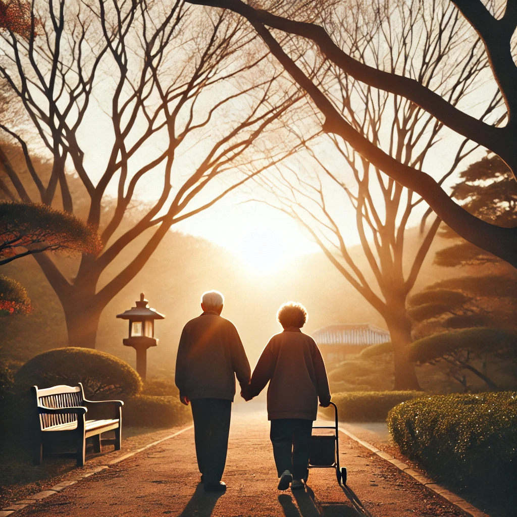 늙은 노부부가 양손을 잡고 국민연금 유족연금을 확인하러 구청에 가고 있다. 