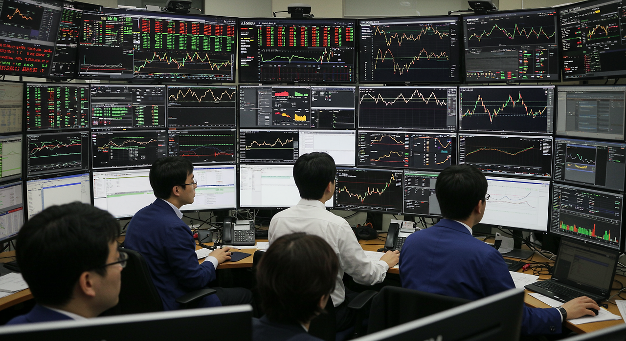 여러 스크린에 표시된 동적 차트를 보며 주식 시장 데이터를 모니터링하는 금융 분석가들