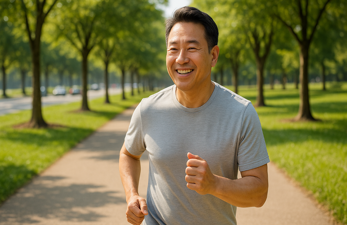 공원에서 건강 조깅을 하는 중년 남성 모습