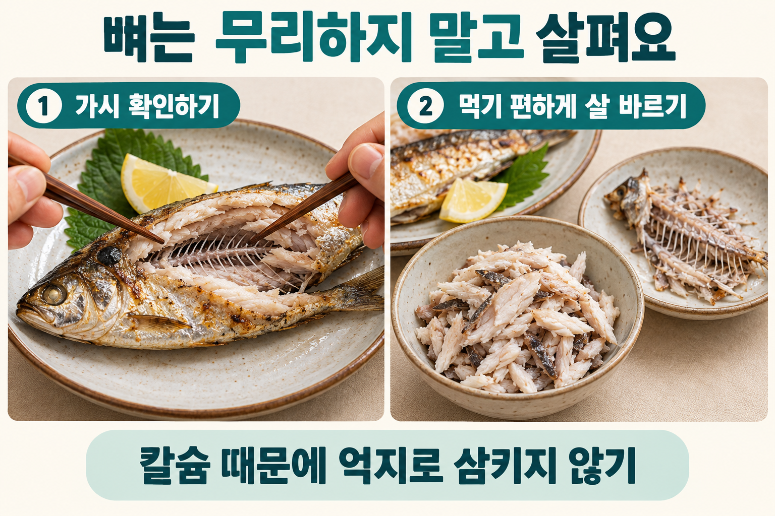 구운 전어의 큰 뼈와 잔가시를 젓가락으로 살피고 살을 따로 덜어 내는 손질 장면.