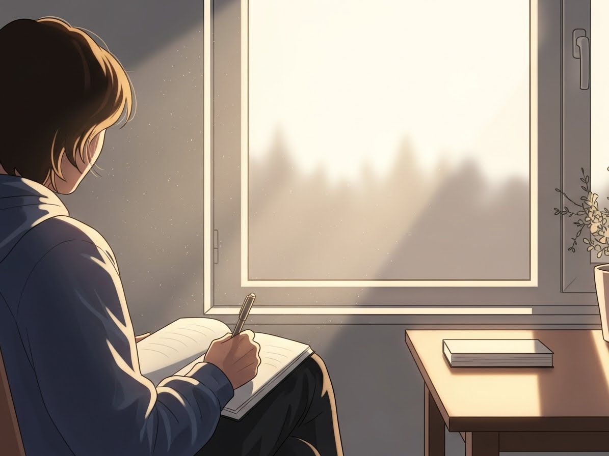 혼자 햇볕이 드는 창가에서 무언가 쓰는 사람 일러스트