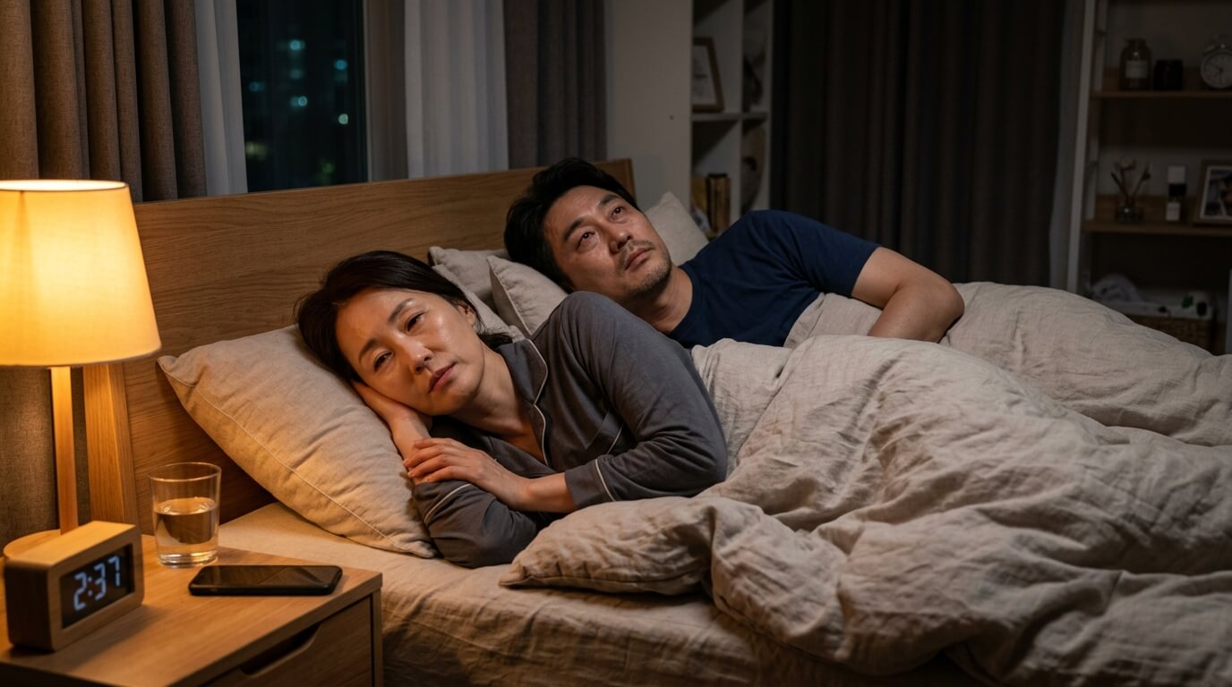 잠을 자도 개운하지 않은 중년 부부의 모습