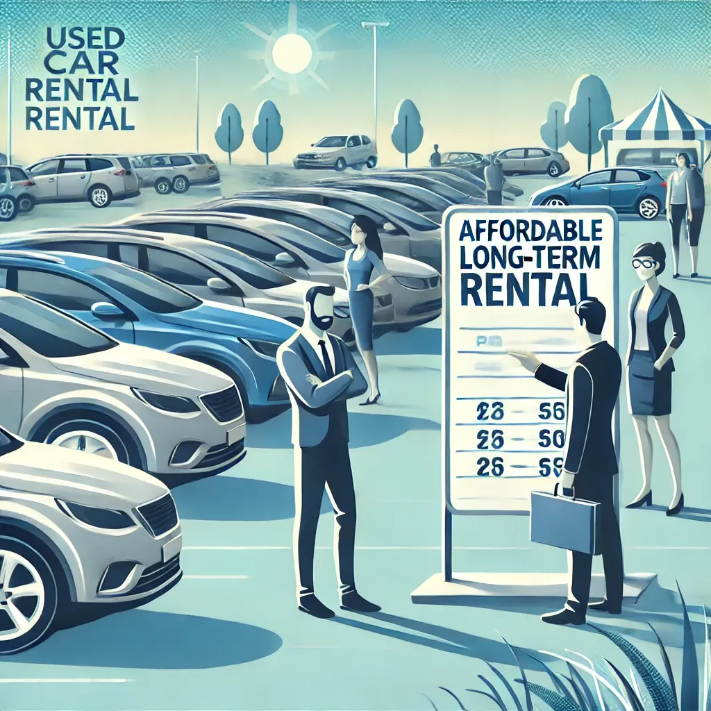 야외 중고차 매장에서 장기렌트 차량을 둘러보는 고객들