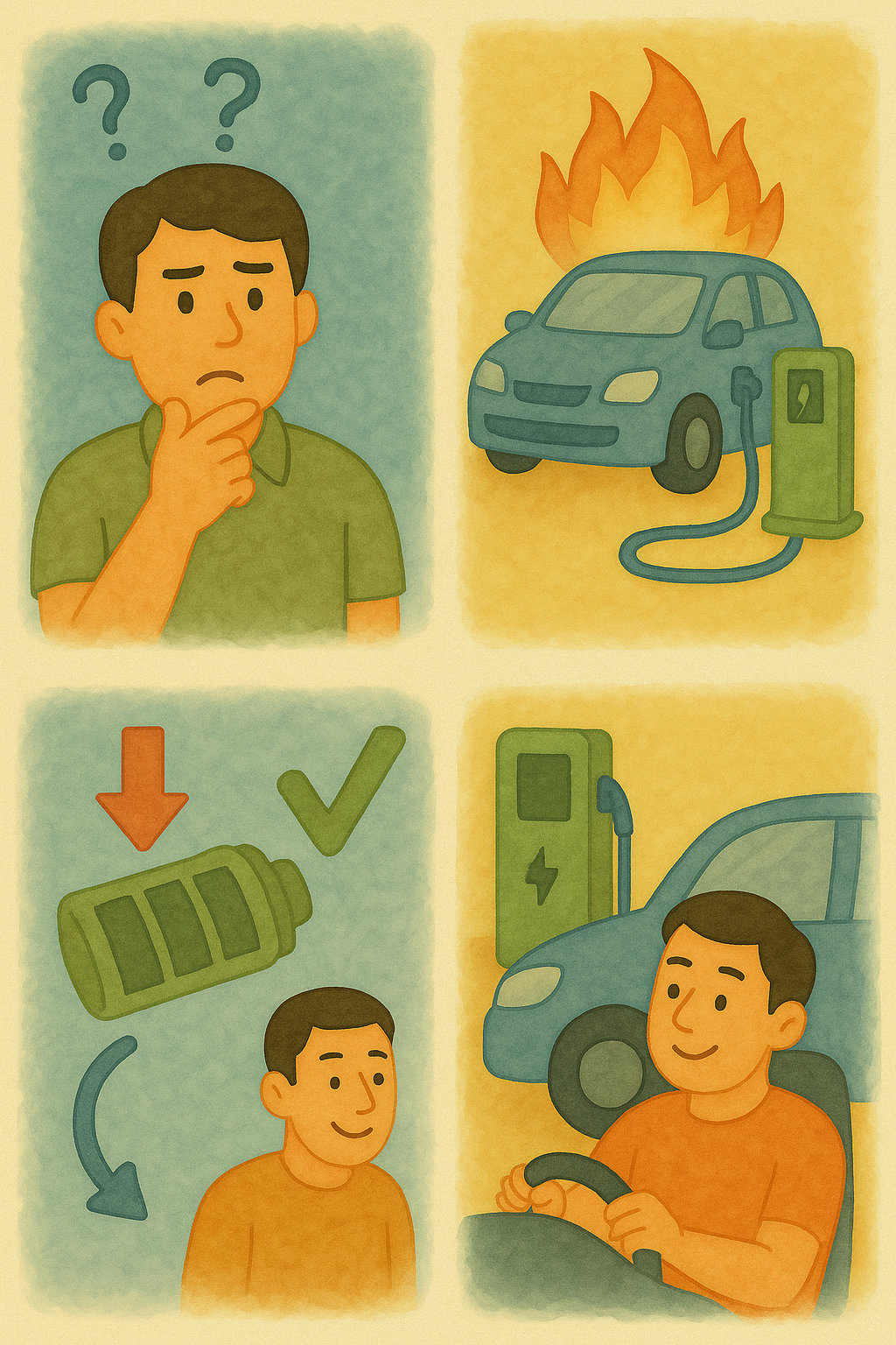네 칸으로 나뉜 수채화 스타일의 일러스트.
왼쪽 상단: 혼란스러운 표정으로 고개를 긁적이며 전기차 배터리 안전을 걱정하는 남성, 머리 위에는 물음표가 떠 있음.
오른쪽 상단: 충전 중인 전기차가 불길에 휩싸여 화재가 발생한 장면.
왼쪽 하단: 배터리 아이콘 옆에 빨간 화살표와 초록 체크 표시가 그려져 있으며, 안전한 충전을 의미하는 장면. 그 아래에는 안심한 표정의 남성이 있음.
오른쪽 하단: 전기차 충전소 앞에서 밝은 표정으로 운전대를 잡은 남성이 안전하게 주행하는 모습.