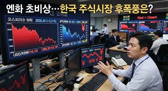 엔화 하락과 한국 주식시장을 분석하는 증권가 모습.