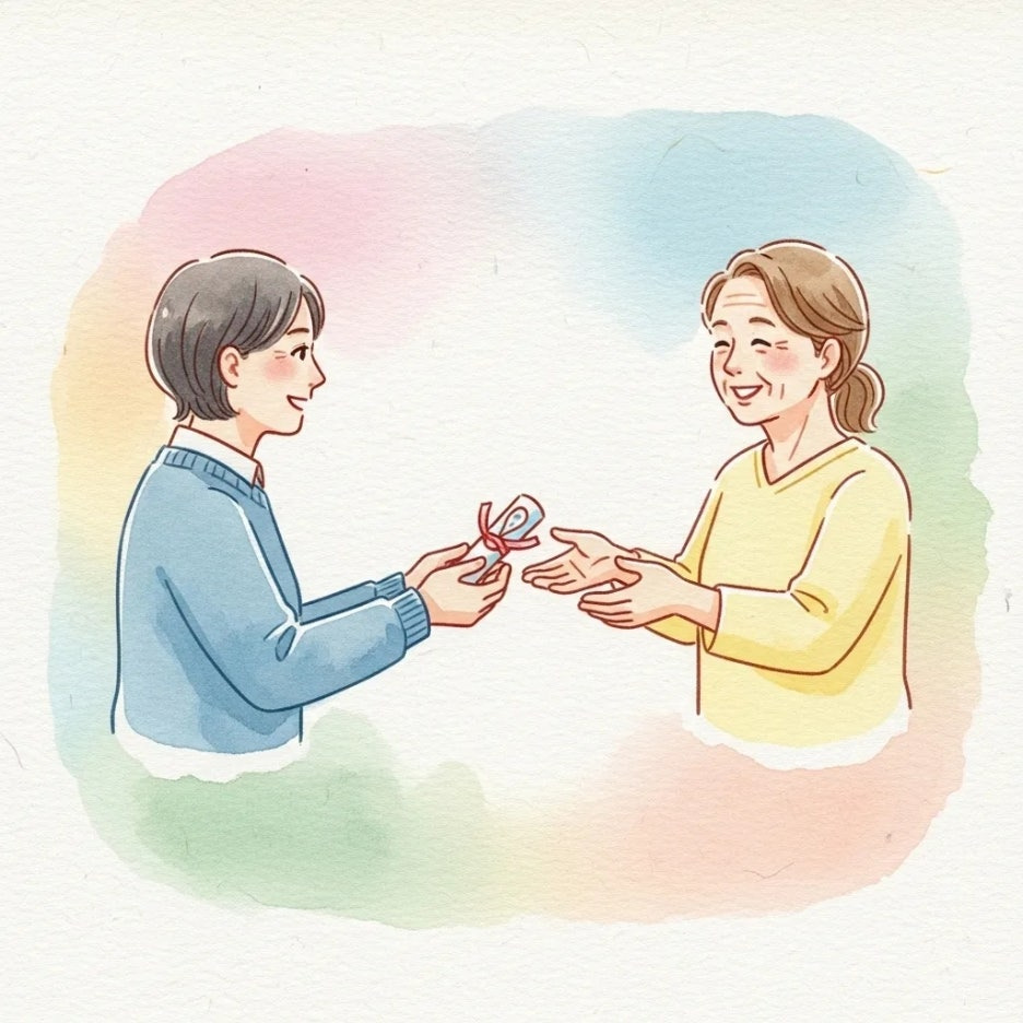 도움을 상징하는 문서를 건네받는 사람