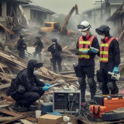 방재전문가가 재난 현장에서 재난복구활동을 하고 있다.