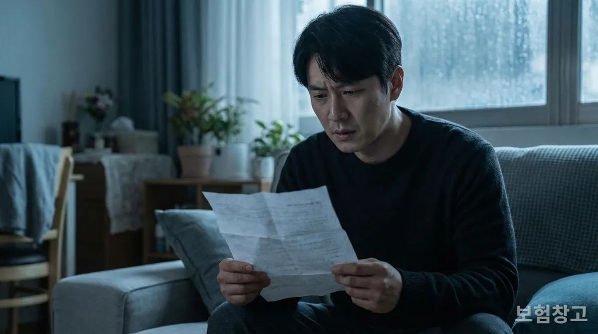 실직 후 보험 서류를 들고 걱정하는 한국 남성