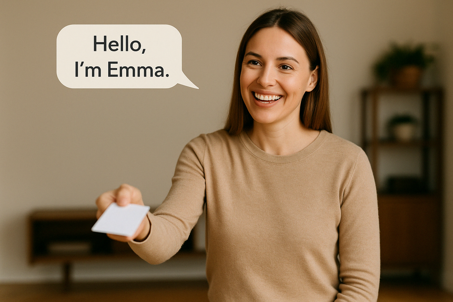 자신의 이름을 밝히며 명함을 건네는 모습이 인상적인 이미지로&amp;#44; 영어로 자기소개를 시작할 때의 기본적인 상황을 자연스럽게 표현해줍니다.