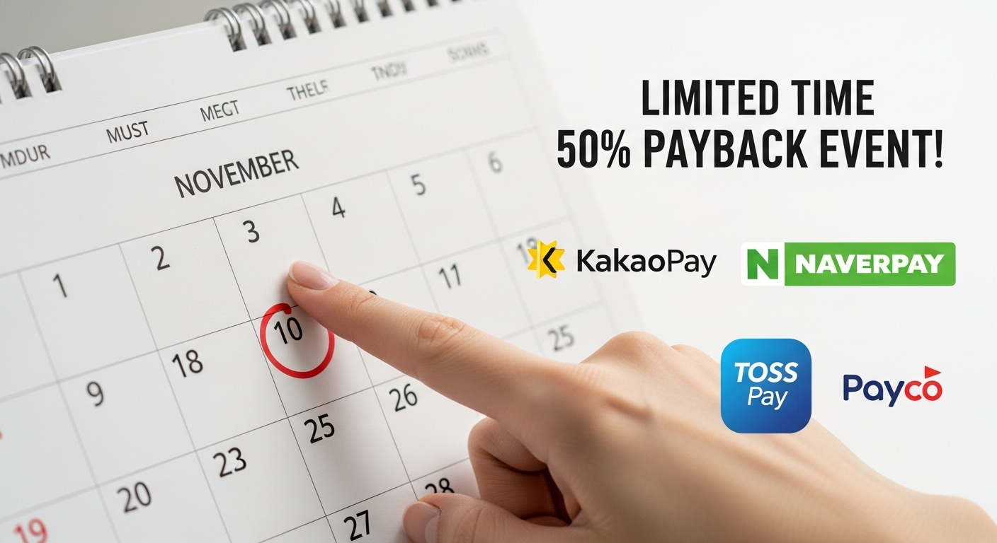 11월 7일 현재, 50% 페이백 행사 종료가 임박했음을 알리는 간편결제 아이콘과 달력