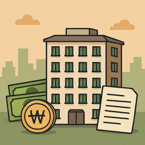 아파트 건물과 돈, 서류가 배치된 임대주택을 상징하는 그림