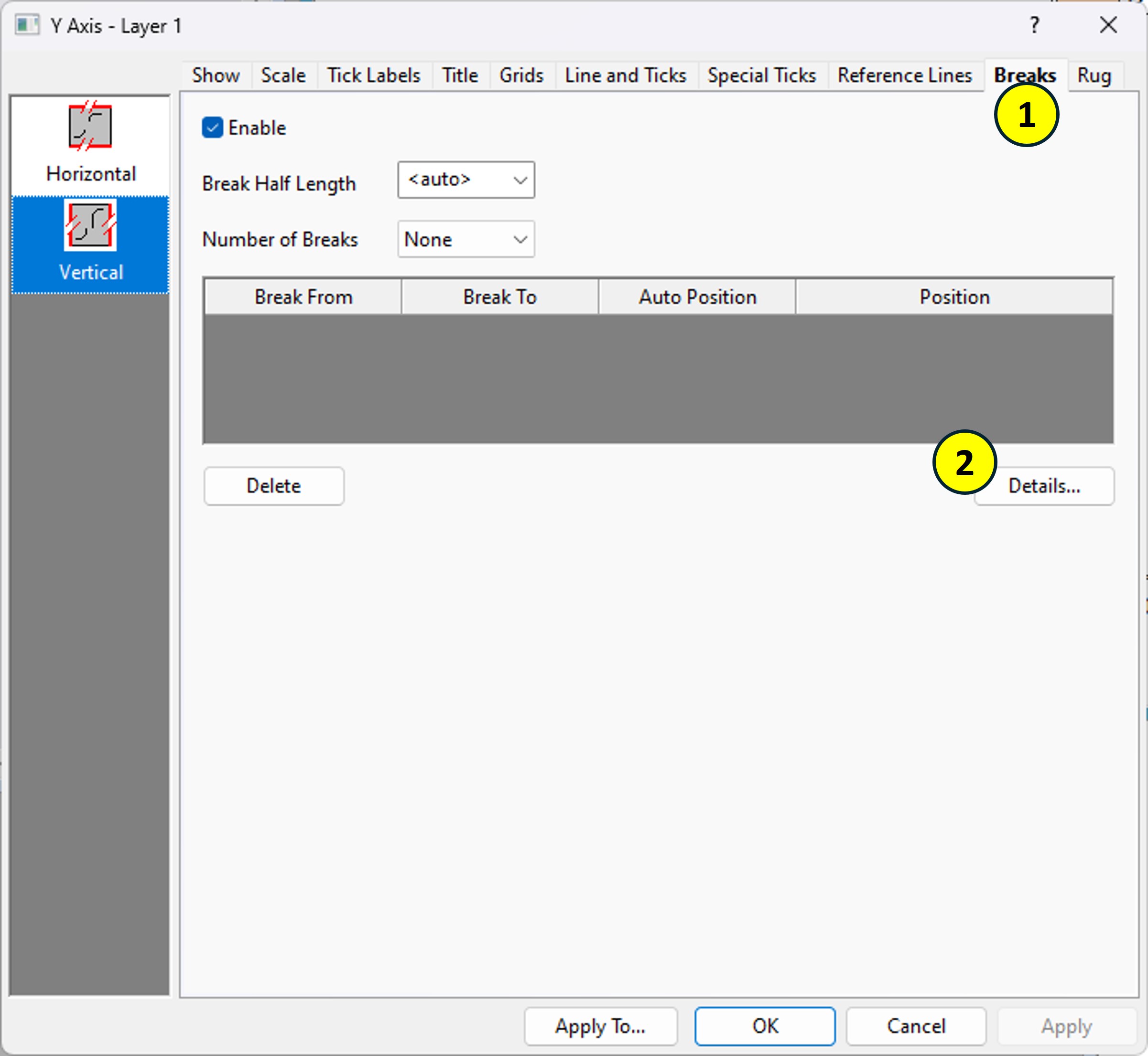 y축 속성에서 axis break를 추가하기 위한 방법을 설명하는 이미지