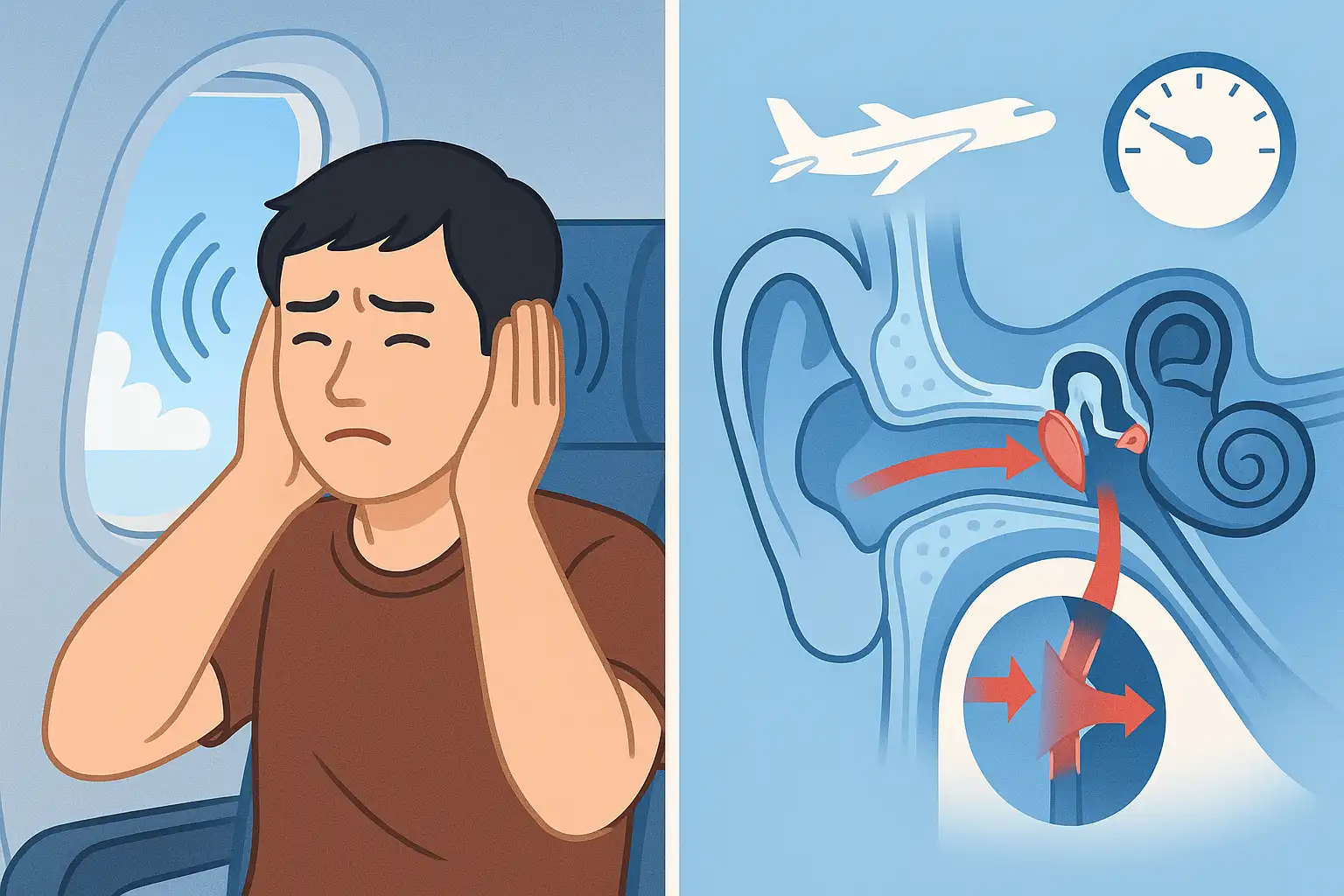 비행기 안에서 귀를 막고 있는 사람, 이관 막힘으로 인한 귀 내부 압력 변화