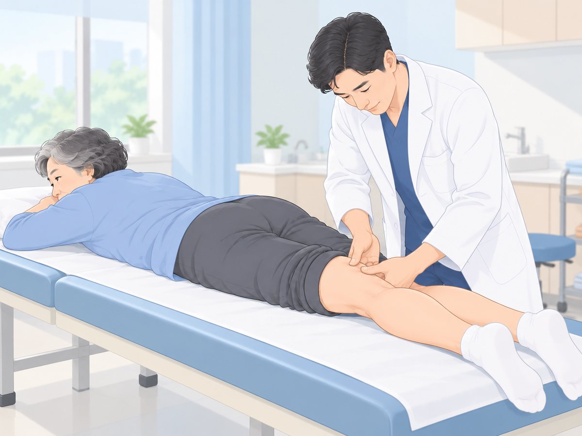 진찰 침대에 엎드린 환자의 무릎 뒤 오금을 의사가 살펴보는 장면