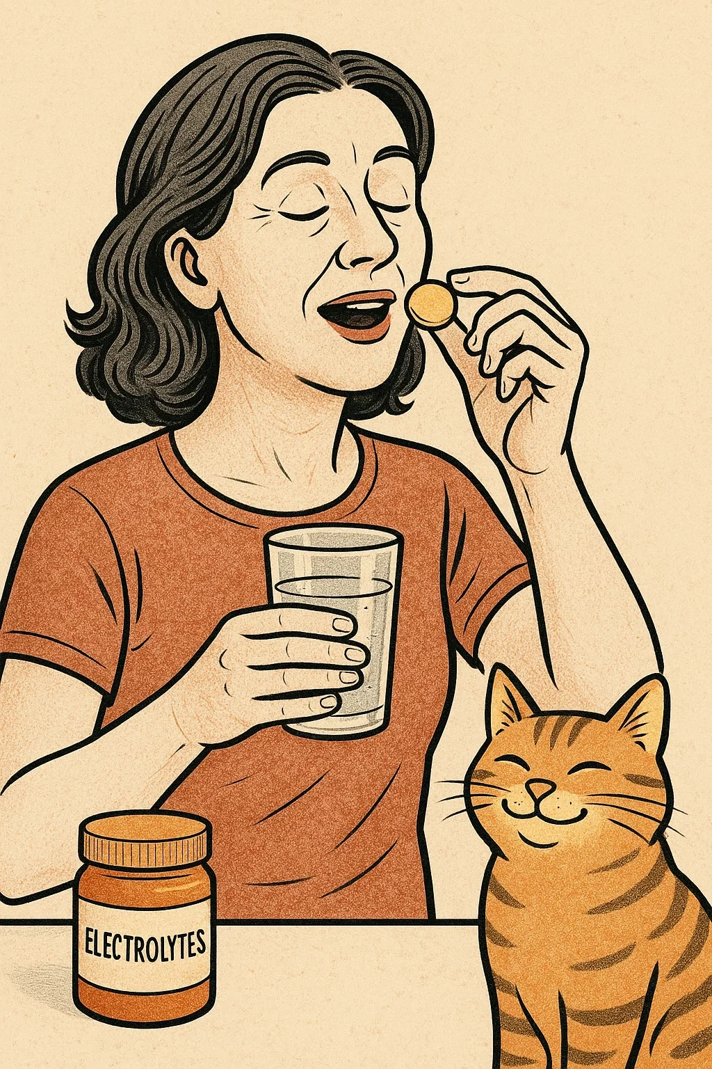 물과 함께 전해질 영양제를 섭취하는 여성