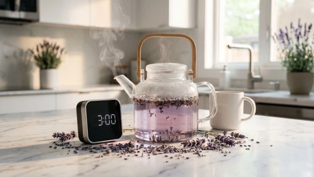 유리 티팟 안에서 연보랏빛으로 우려지는 라벤더차와 타이머