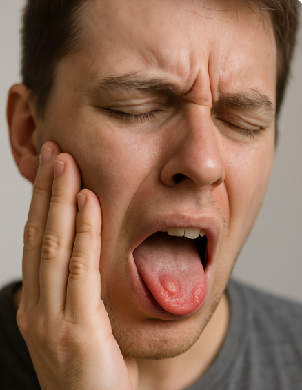 통증을 느끼며 혓바늘을 보여주는 남성의 모습