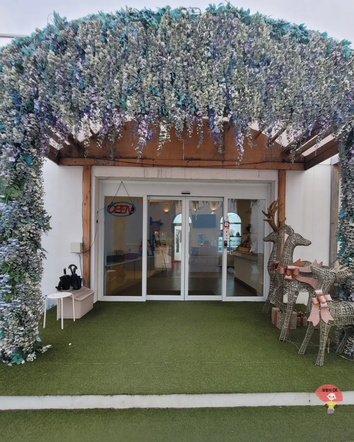 강원도-홍천-카페-테샤로바-꽃-아치-장식과-초록-인조잔디-위-순록-조형물이-있는-그리스-자킨토스-풍-카페-입구-유리문
