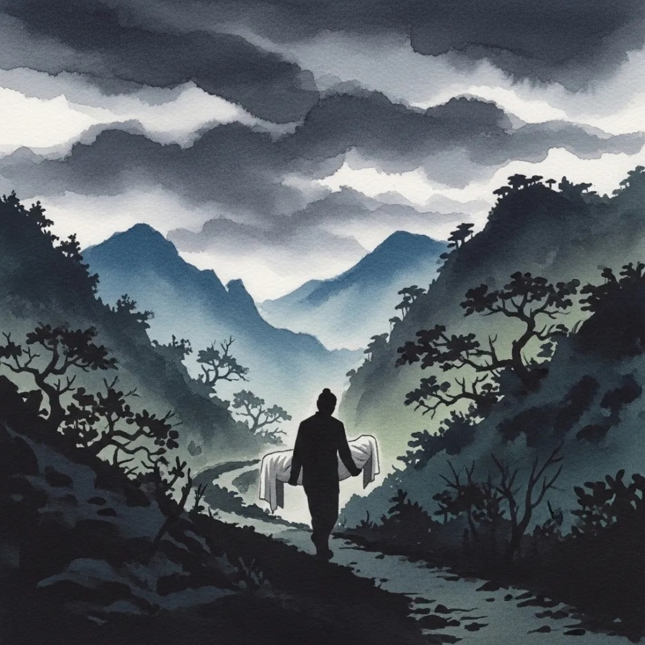 밤에 비밀스럽게 진행되는 장례 장면