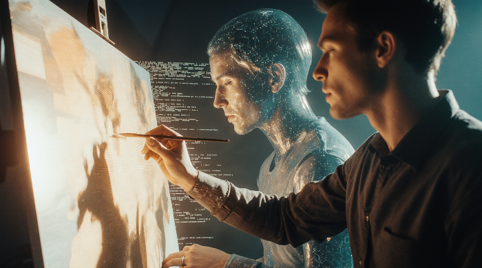 인간 화가와 AI 홀로그램이 빛나는 캔버스 위에서 함께 작업하는 이미지