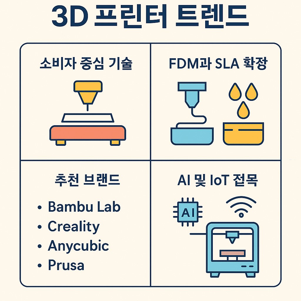 2025년 최신 3D 프린터 트렌드를 요약한 인포그래픽 이미지