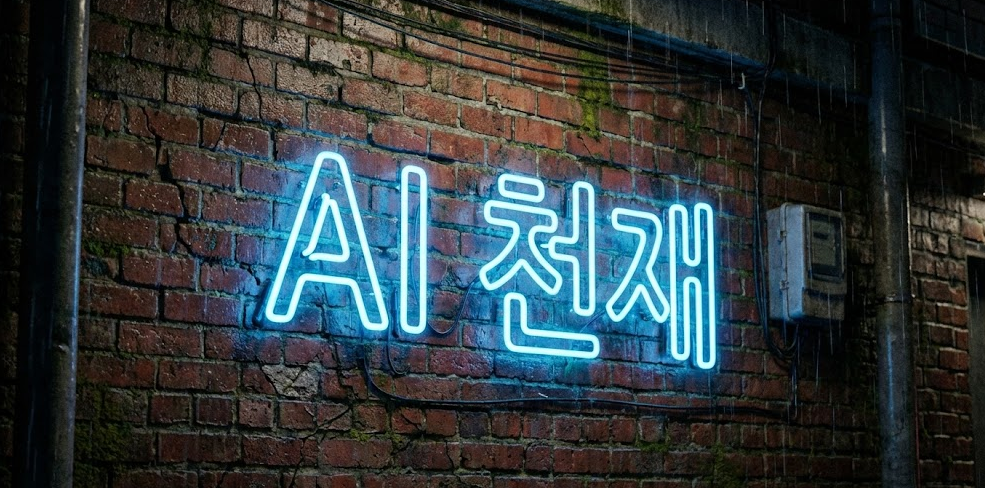낡은 벽돌 벽에 파란 네온사인으로 선명하게 빛나는 한글 'AI 천재' 글자가 새겨진 모습. 글자의 질감과 빛의 반사가 매우 사실적으로 표현되어 있음.