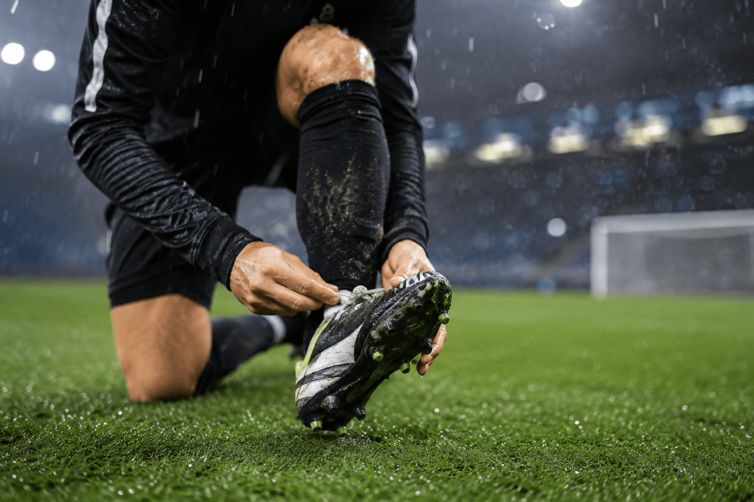 축구 경기 전 선수가 경기장 잔디 상태를 확인하며 축구화 스터드를 점검하는 모습