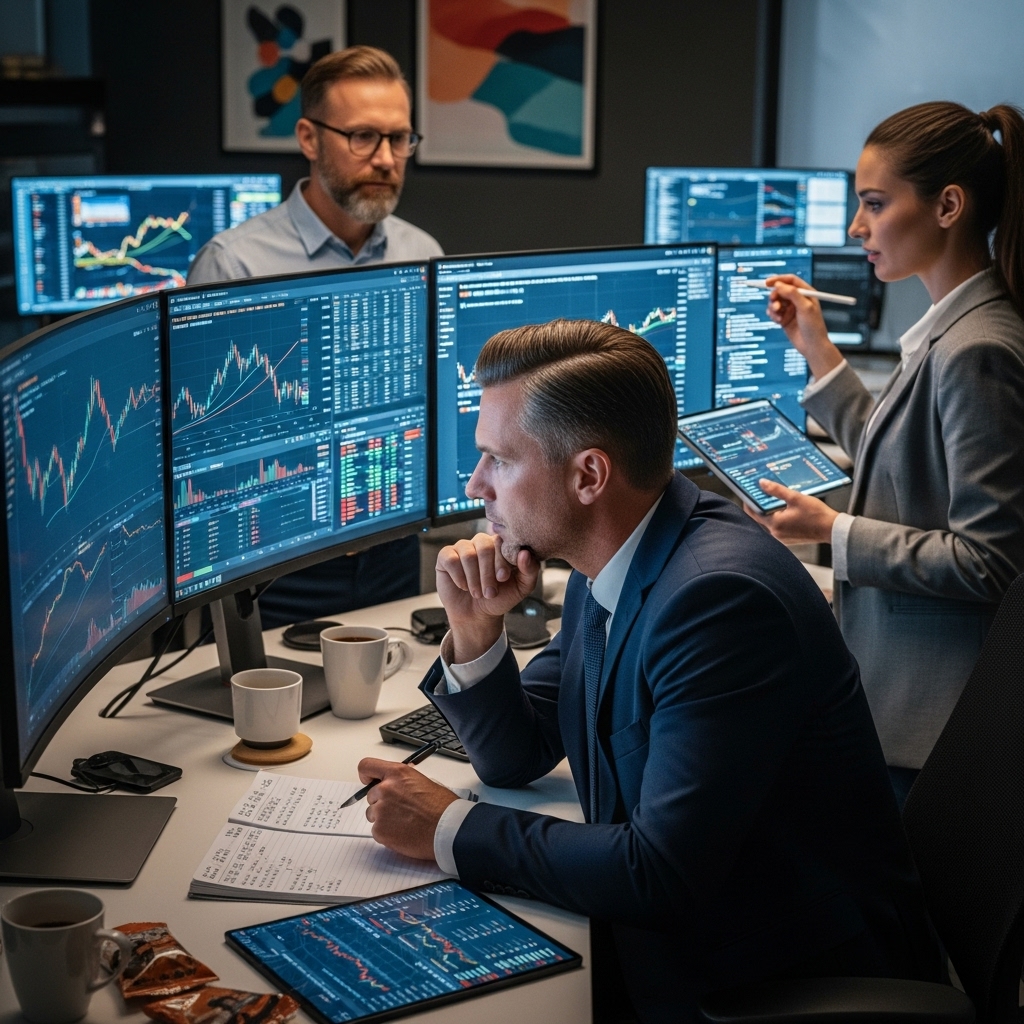 투자자가 여러 화면에서 디지털 자산 차트와 데이터를 신중하게 분석하며 현명한 투자 결정을 내리는 모습2
