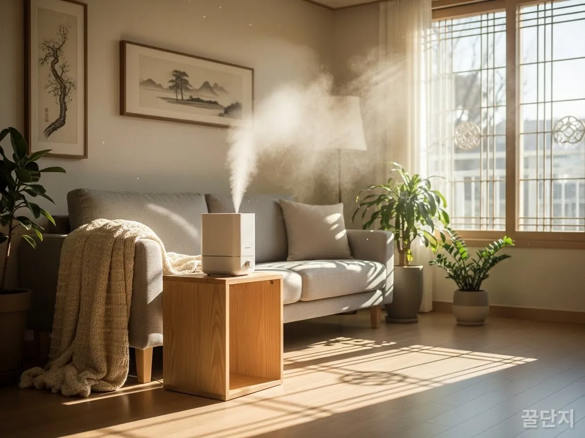 가습기가 작동 중인 따뜻하고 쾌적한 한국 가정의 겨울철 거실 풍경