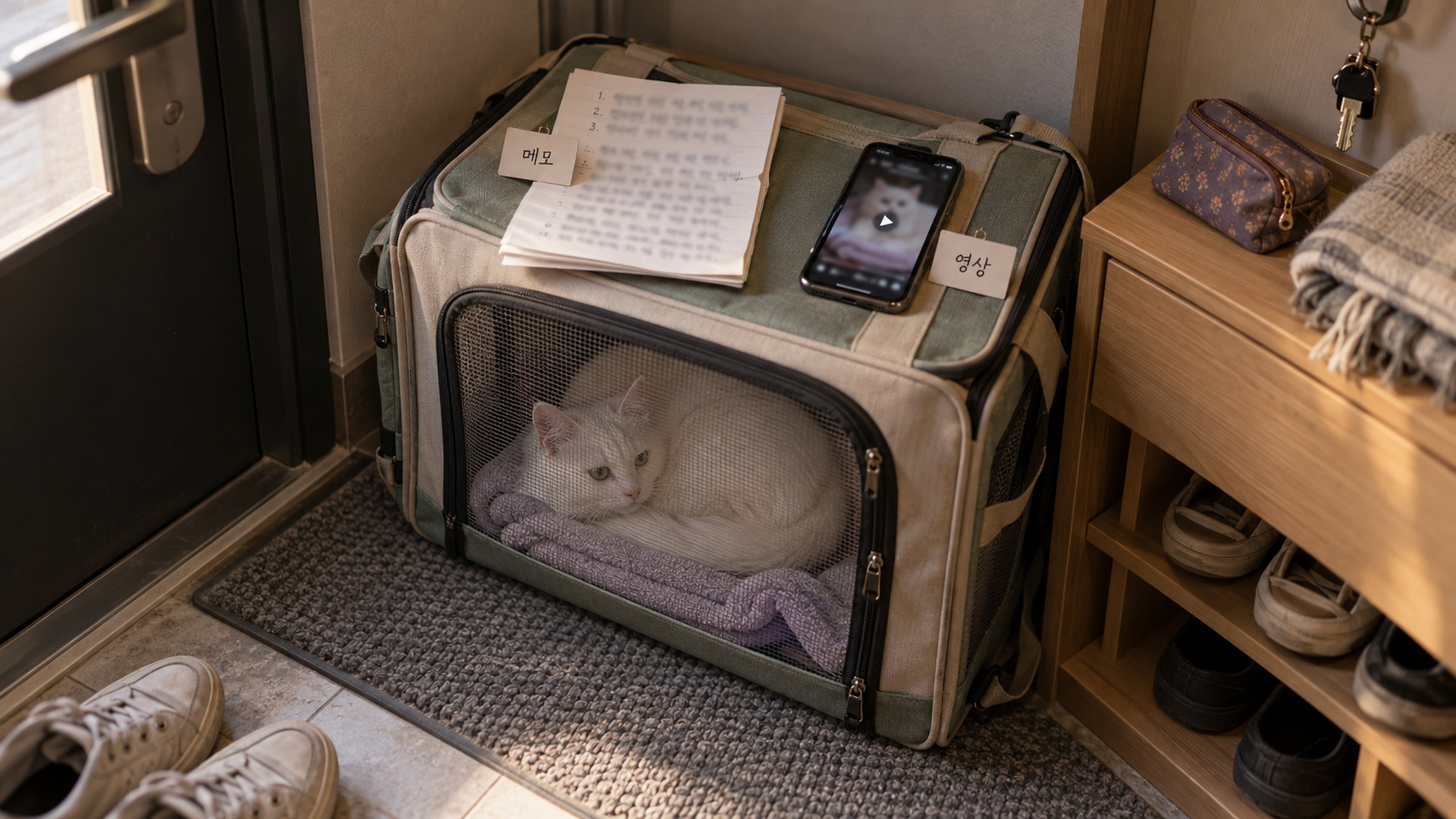 이동장 옆에 준비해 둔 메모와 영상