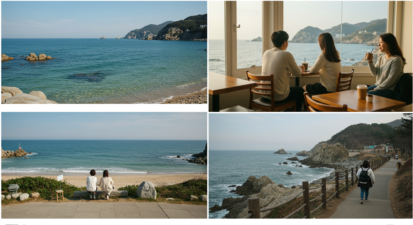 강원도 동해안의 바다, 해변 카페, 해안 산책로 등 다양한 여행 요소를 담은 복합 이미지