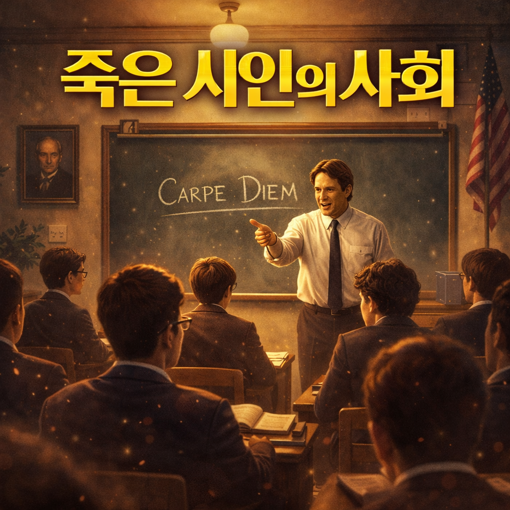 교실에서 선생님이 학생들을 열정적으로 가르치고 있는 사진. 칠판에는 CARPE DIEM 이라고 적혀있음. 영화제목 죽은 시인의 사회 문구가 삽입되어 있음.