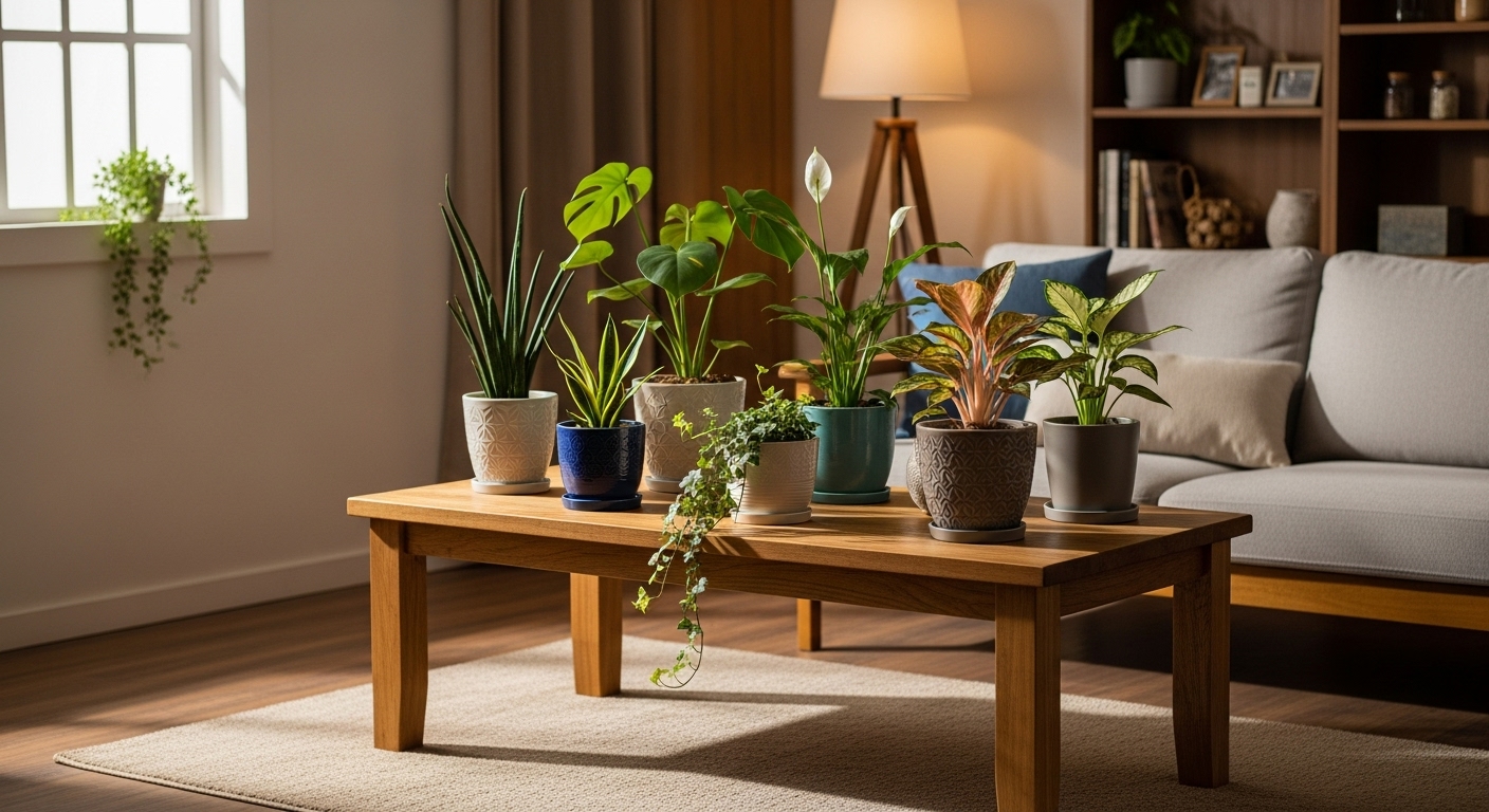 햇빛이 적은 실내 공간에서 스투키, 몬스테라, 스파트필름 같은 그늘 식물들이 테이블 위에 놓여 있는 모습