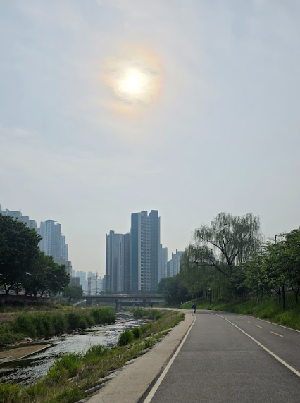 중랑천 너머로 보이는 도시 전경과 아침 햇살
