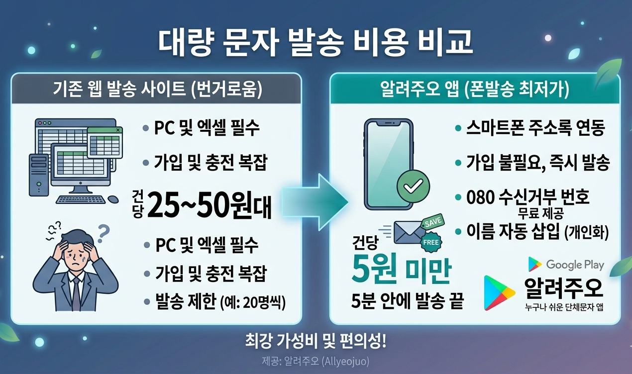 기존 대량 문자 발송 사이트와 단체문자 앱 알려주오의 발송 단가 및 시스템 비교표