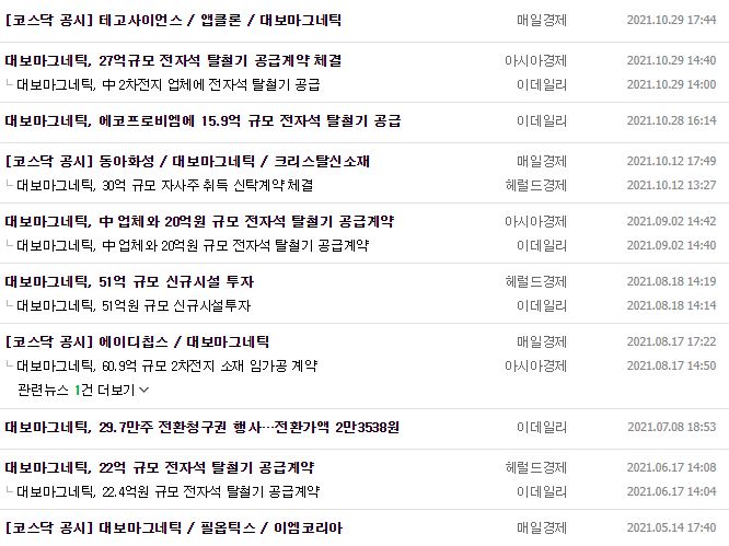 대보마그네틱 뉴스, 공시