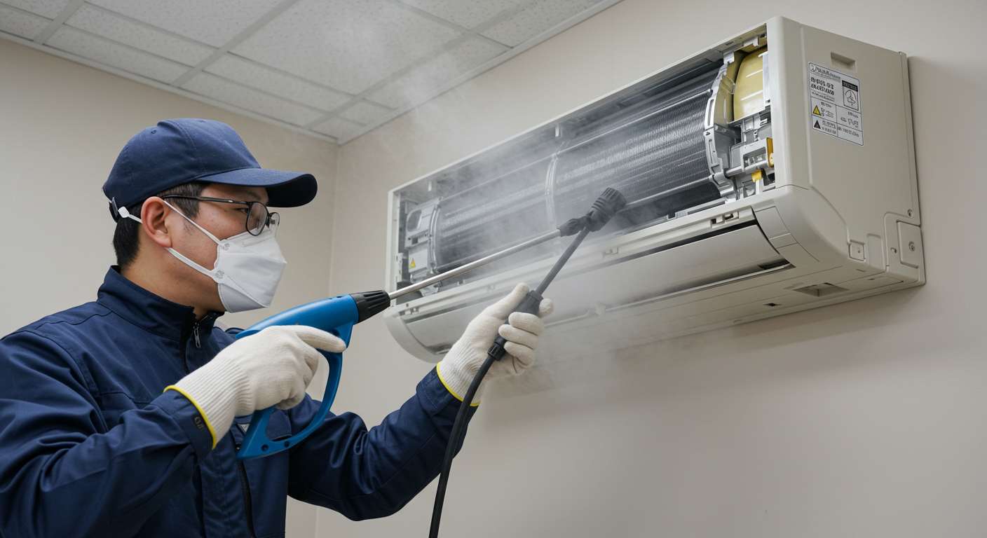 한국 기술자가 고압 스팀으로 벽걸이형 에어컨 내부를 세척하는 작업 모습