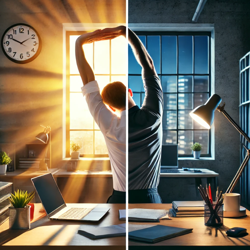 왼쪽은 낮, 오른쪽은 밤으로 직장인 스트레칭 하는 모습