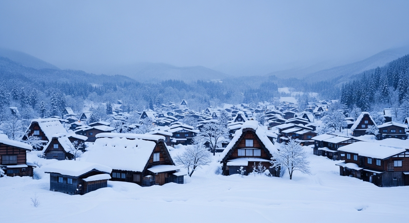 눈 쌓인 일본 시라카와고 갓쇼즈쿠리 마을의 겨울 풍경. 전통 가옥 지붕이 눈으로 덮여 신비로운 아름다움을 선사합니다.