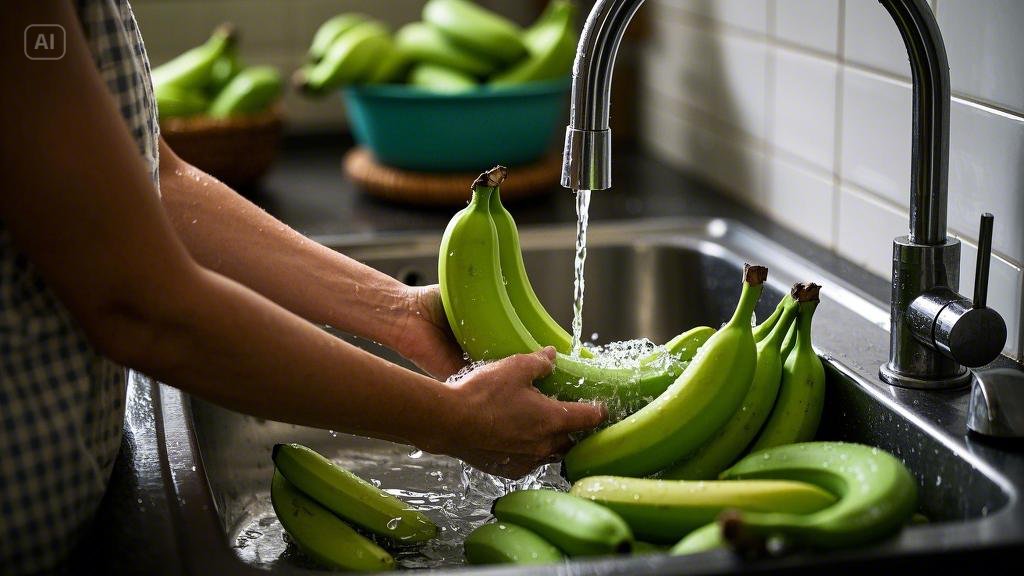 A woman is washing bananas.