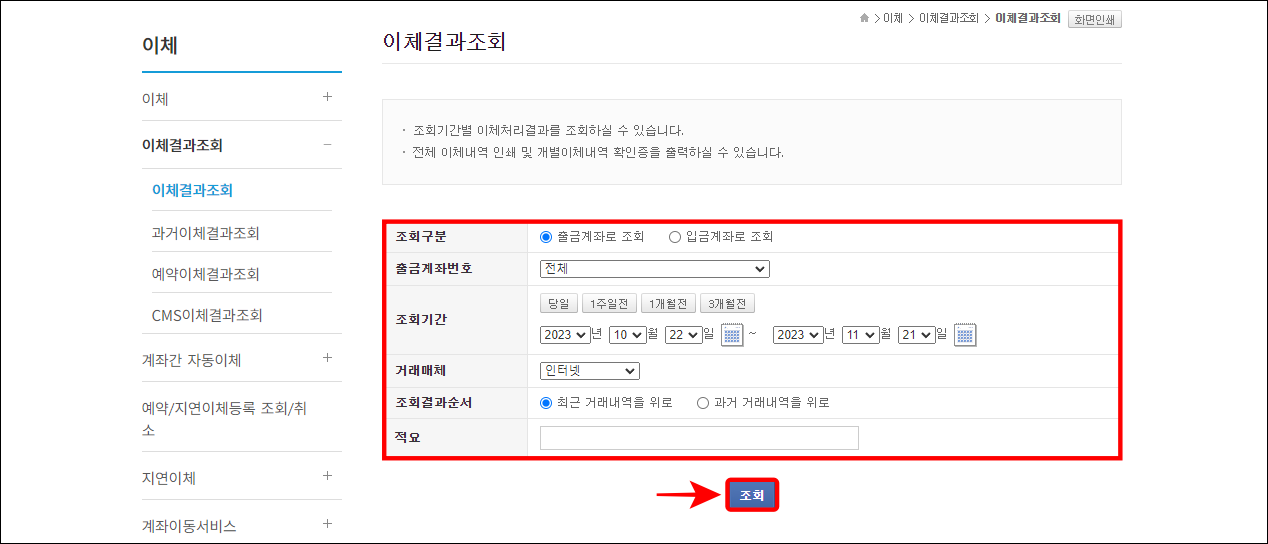 이체결과조회를 위한 조회구분, 출금계좌번호 등의 옵션을 선택하고, 조회 버튼을 선택