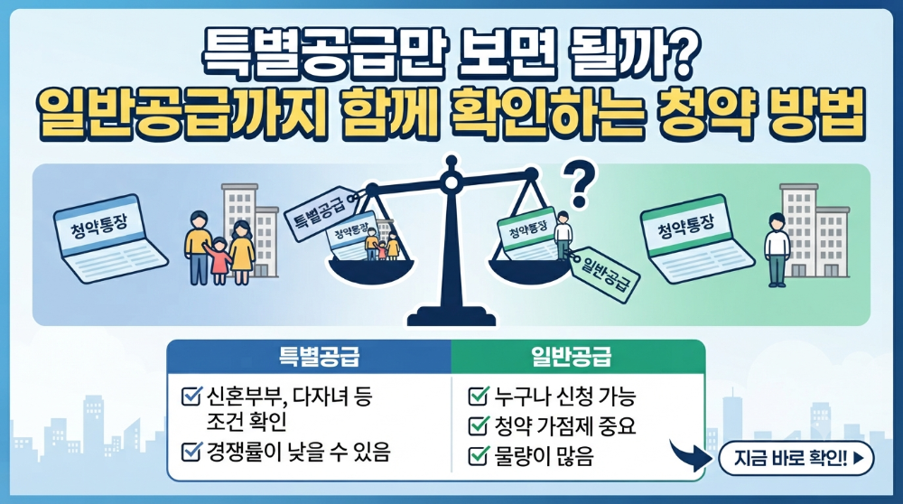 '특별공급만 보면 될까? 일반공급까지 함께 확인하는 청약 방법' 타이틀과 청약 전략 비교를 담은 이미지