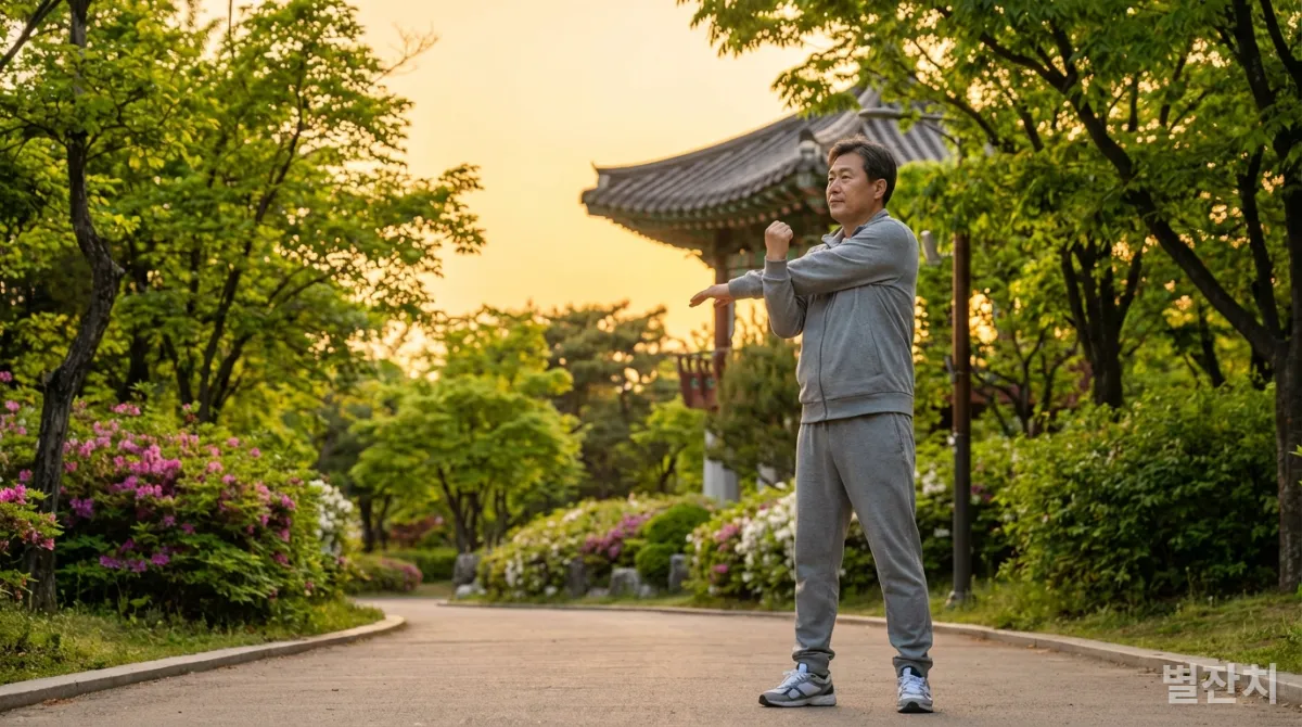 50대 한국인 사업가가 한국 공원에서 스트레칭 운동을 하는 모습