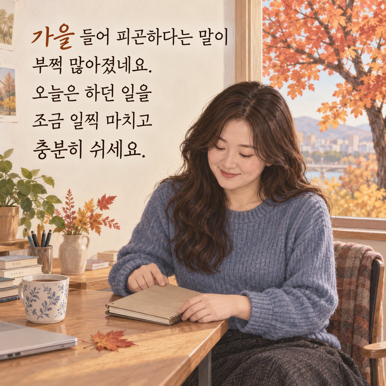 가을 환절기 건강 인사 이미지 9 — 가을 들어 피곤하다는 말이 부쩍 많아졌네요. 오늘은 하던 일을 조금 일찍 마치고 충분히 쉬세요.
