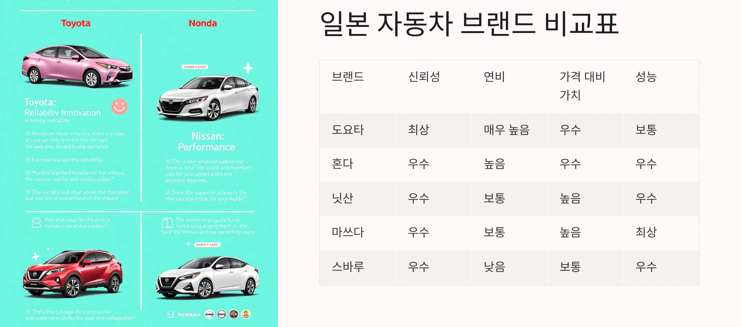 일본 자동차 브랜드 비교
