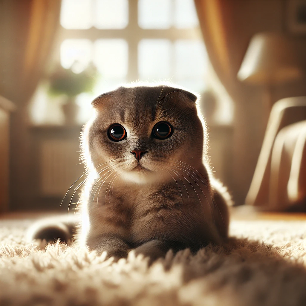 조용한 실내에서 혼자 앉아 있는 스코티시 폴드 고양이. 접힌 귀와 밝은 둥근 눈, 회색빛 부드러운 털이 특징이며, 햇살이 비치는 러그 위에 고요하게 앉아 있음.