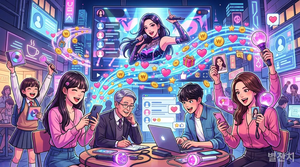 팬덤 경제를 시각적으로 표현한 이미지, 크리에이터와 팬들이 디지털 플랫폼에서 상호작용하는 모습